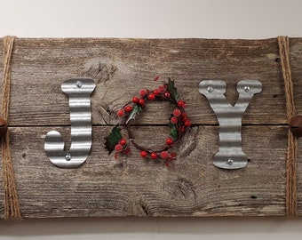 Christmas Sign, JOY Metal Letters, Rustic Wall Decor, Holiday Hanging, Barn wood Ornament, December Gift, Housewarming Picture, Winter Time