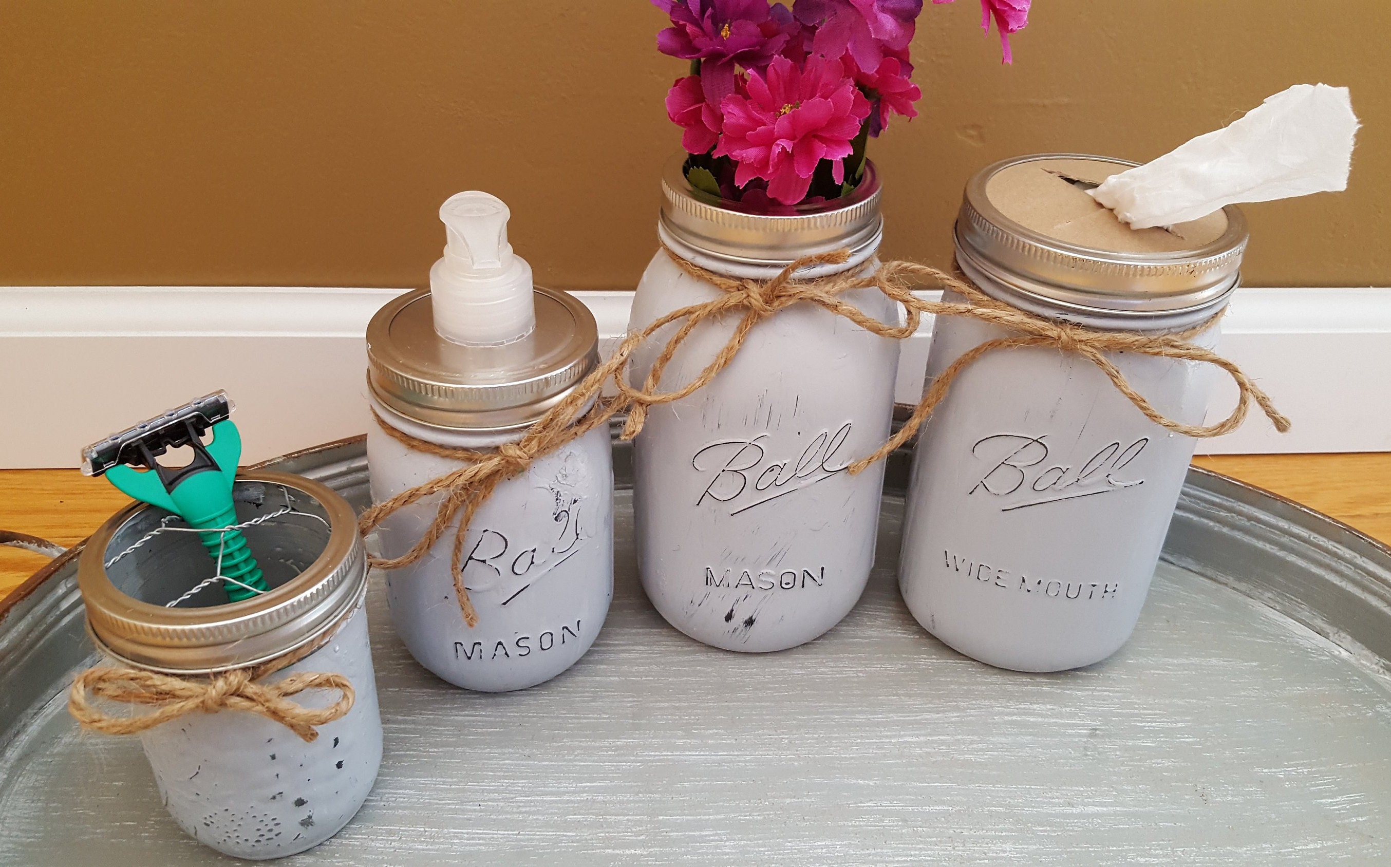 Bathroom Jar Set, Mason Jar Set, Painted Mason Jars, Farmhouse Decor, Bathroom Decor, Bathroom