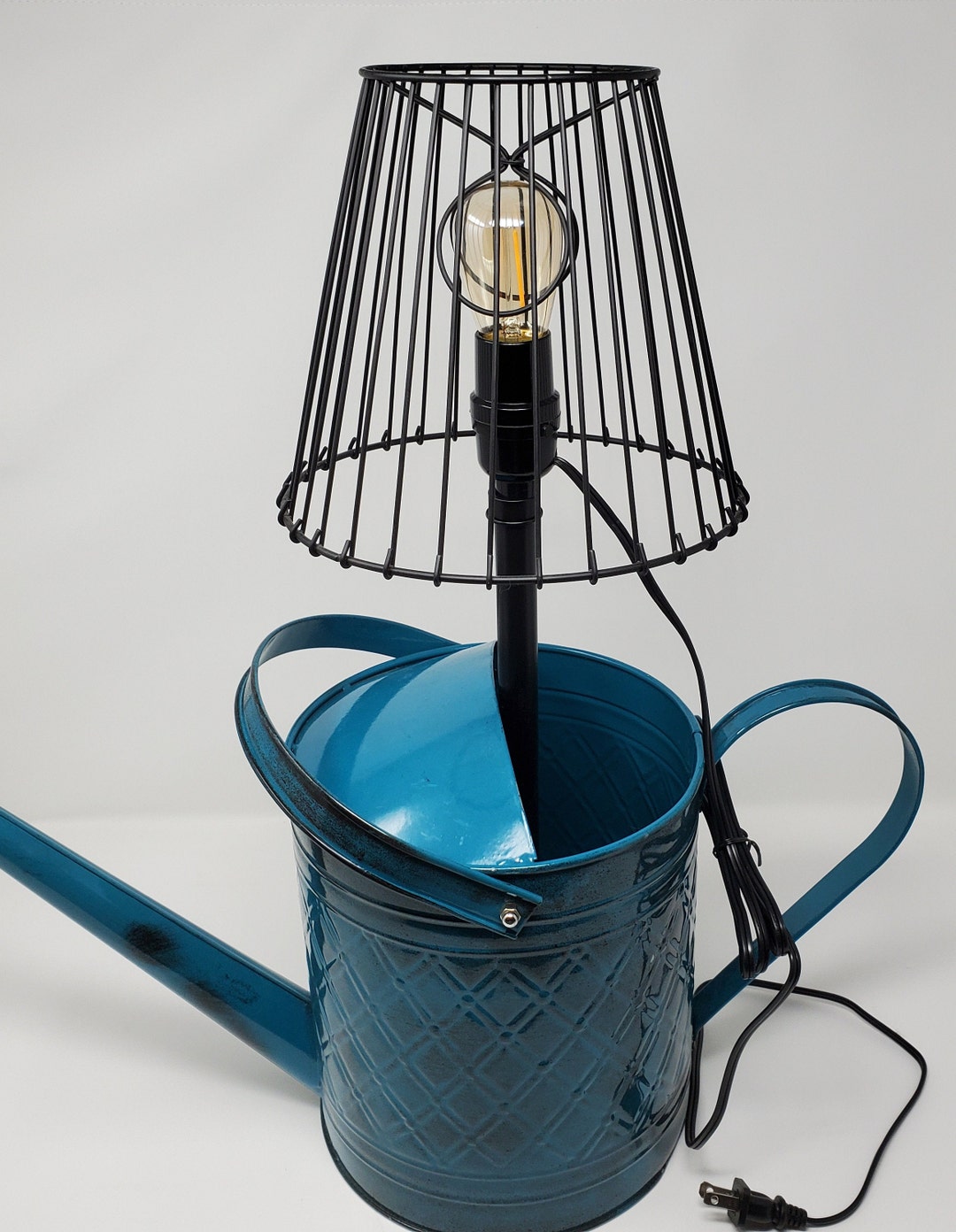 Watering Can Lamp, Unique Lighting, Blue Metal Lamp, Repurposed, Egg