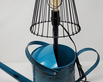 Watering Can Lamp, Unique Lighting, Blue Metal Lamp, Repurposed, Egg Basket, Blue Green Garden Lamp, Desk Light, Rustic Decor, Home Accent