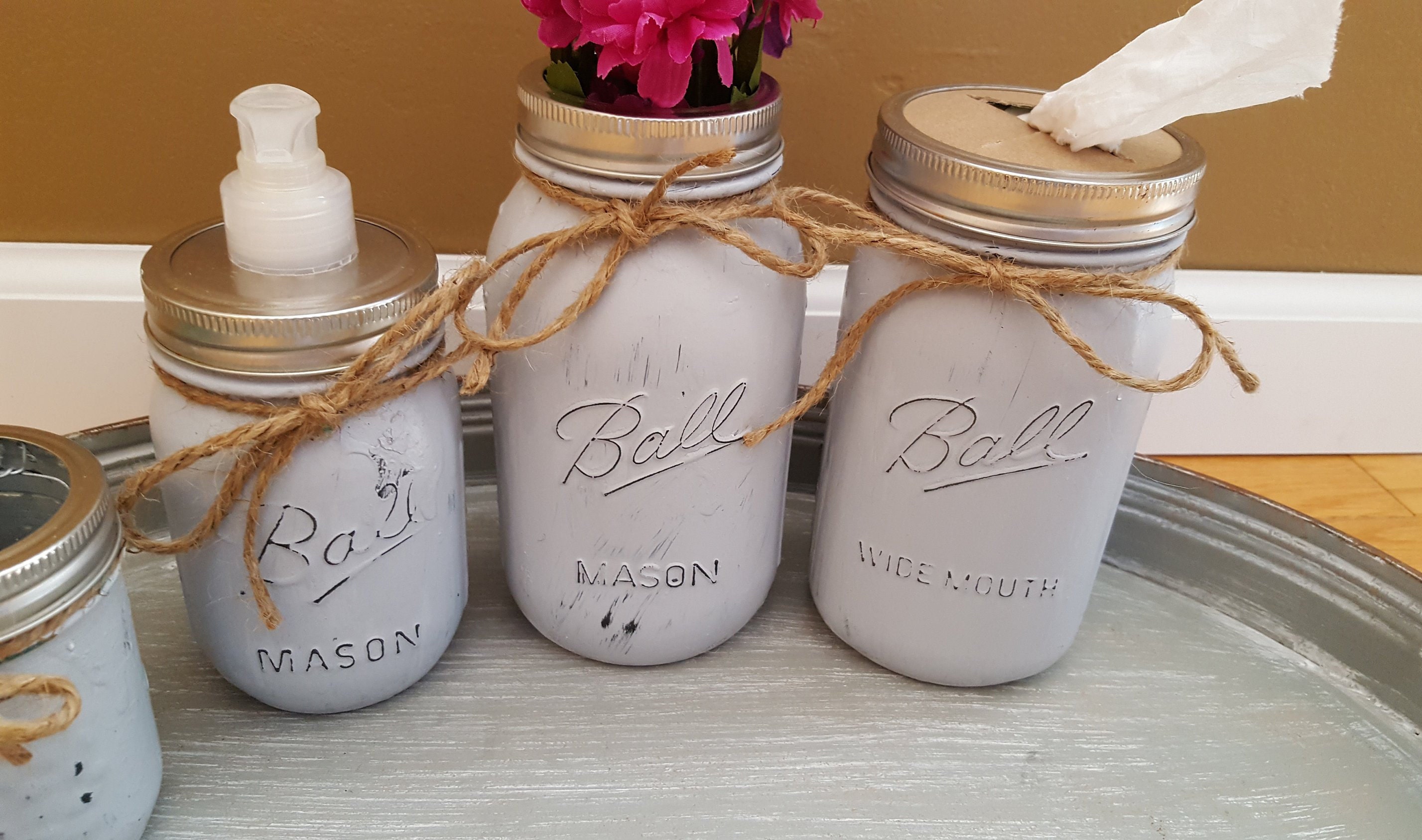 Bathroom Jar Set, Mason Jar Set, Painted Mason Jars, Farmhouse Decor, Bathroom Decor, Bathroom