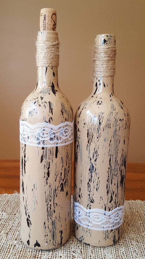 Painted Wine Bottles Wine Bottle Decor Fall Accent Beige Etsy