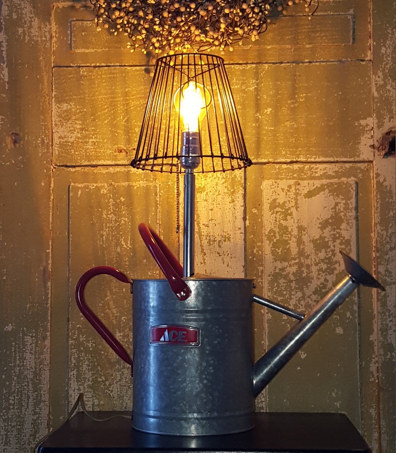 Watering Can Lamp, Unique Lig5ting, Red Country Lamp, Repurposed, Egg