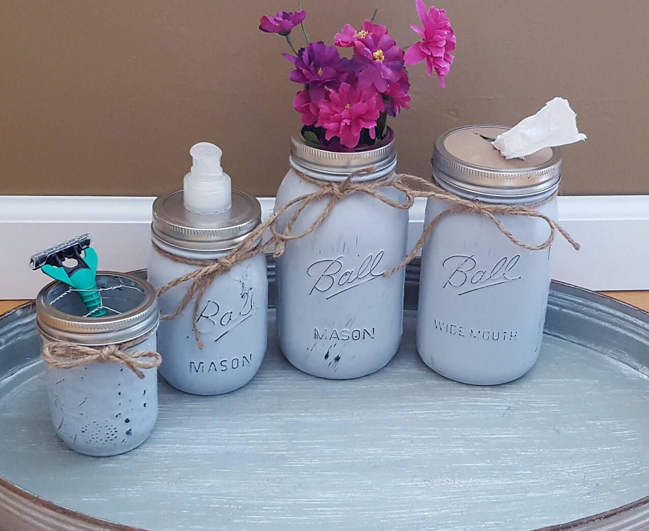 Bathroom Jar Set, Mason Jar Set, Painted Mason Jars, Farmhouse Decor ...