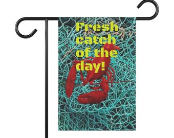 Bandera de jardín, pancarta de pesca del día, decoración de verano para exteriores, letrero de casa de playa costera, arte náutico para jardín, regalo para amantes de los mariscos, hogar costero