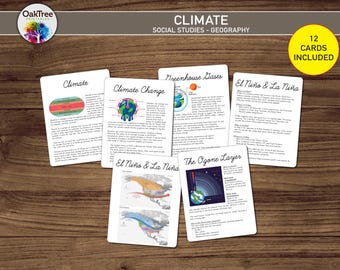 Klimaat- en milieuflashcards, educatief afdrukbaar, thuisonderwijs en klaslokaal, wetenschap en aardrijkskunde leren, op montessori geïnspireerd