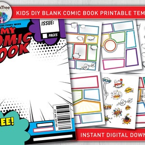 May include: A printable comic book template for kids. The cover features a colorful comic book design with the words "My Comic Book" and "Free!" The template includes blank panels for drawing and writing, as well as speech bubbles and sound effects.