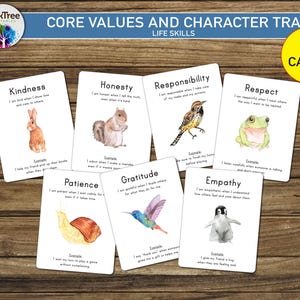 Schede didattiche sui valori fondamentali e sui tratti caratteriali, set da 28, istruzione parentale, scuola a casa, Montessori, animali acquerellati, bambini, positivo, stampabile