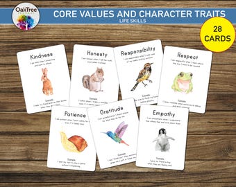 Kernwaarden en karaktereigenschappen Flash-kaarten, set van 28, thuisonderwijs, school thuis, montessori, aquarel dieren, kinderen, positief, afdrukbaar