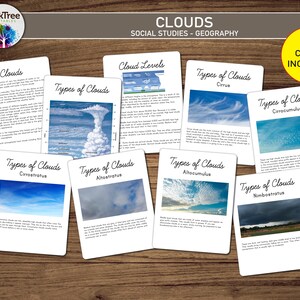 Cartes-éclair sur la météo des nuages, éducatives à imprimer, ressource pour l'école à la maison et la salle de classe, apprentissage des sciences et de la géographie, inspiration Montessori