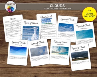Clouds Weather Flashcards, educatief afdrukbaar, bronnen voor thuisonderwijs en klaslokaal, wetenschap en aardrijkskunde leren, op montessori geïnspireerd
