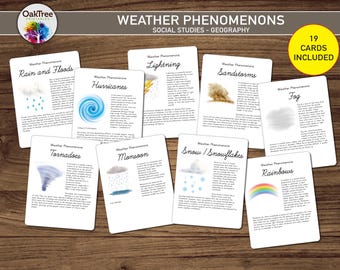 Flashcards weerfenomeen, educatief afdrukbaar, bronnen voor thuisonderwijs en klaslokalen, wetenschap en aardrijkskunde leren, op montessori geïnspireerd