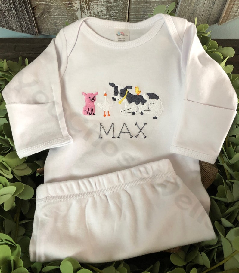 Baby Newborn Boy Embroidered Farm Friends Monogrammed Applique Farm Friends Newborn Gown Set Personalized Newborn Baby Shower Gift