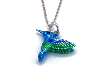 Blue Green Hummingbird Pendant 925 Sterling Silver  on 16", 18" or 20" Silver Curb Chain