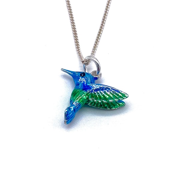 Blue Green Hummingbird Pendant 925 Sterling Silver on 16 », 18 » or 20 » Silver Curb Chain