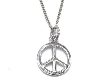 Peace Sign Pendant, Charm 925 Sterling Silver  on 16, 18 or 20" 925 Sterling Silver  Curb Chain