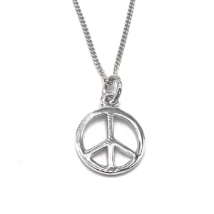925 Sterling Silver Peace Sign Pendant, Charm on 16, 18 or 20&quot; Silver Curb Chain