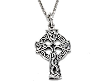 Scottish Gaelic CELTIC Cross Pendant 925 Sterling Silver on Silver Curb Chain