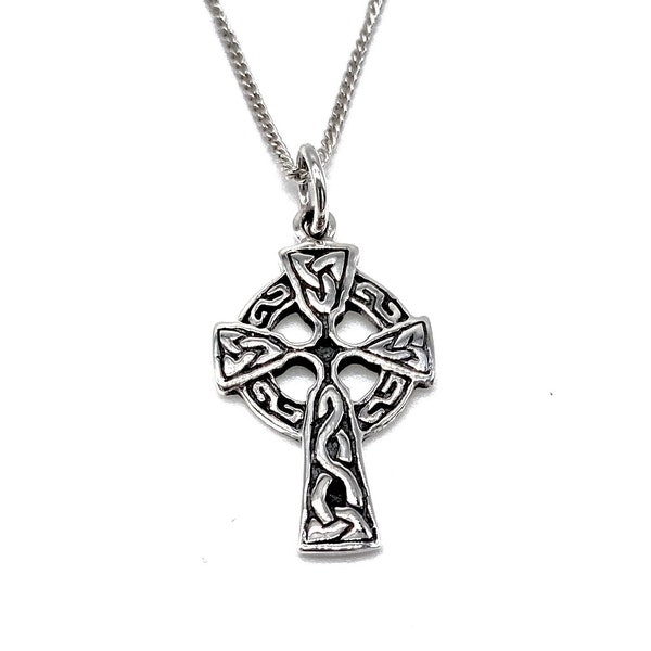 Scottish Gaelic CELTIC Cross Pendant 925 Sterling Silver on Silver Curb Chain