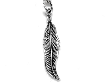 Feather Pendant Charm 925 Sterling Silver on 16", 18" or 20" Silver Curb Chain or Without Chain