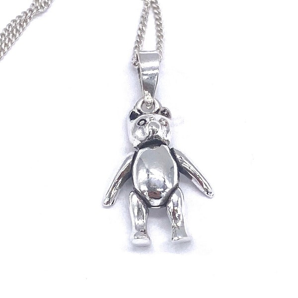 925 Sterling Silver Teddy Bear Charm Pendant Movable Arms and Legs on 16", 18" or 20" Silver Curb Chain