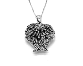 Guardian Angel Wings HEART Photo Locket Pendant Solid 925 Sterling Silver on 16, 18 or 20" Silver Curb Chain