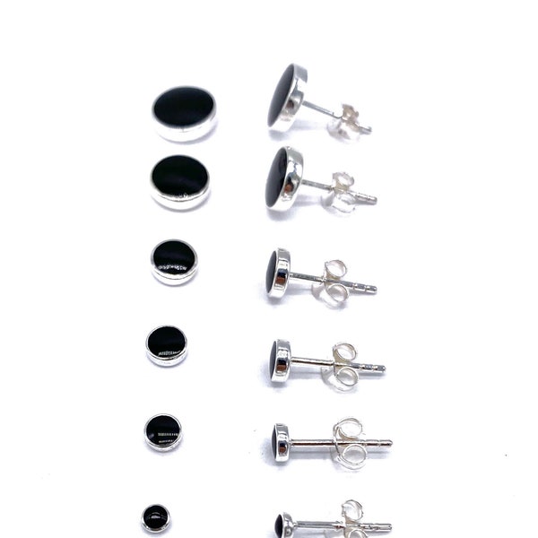 Boucles d'oreilles rondes en argent sterling 925 avec boule bouton en ONYX noir de tailles 3, 4, 5, 6, 8 et 10 mm de diamètre