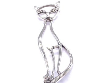 925 Sterling Silver Solid Cut Out Sitting Cat Kitten Brooch