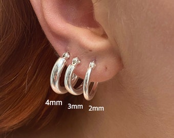 925 Sterling Silver Hinged HOOP Earrings Snap Closure  2, 3 and 4 mm Thickness