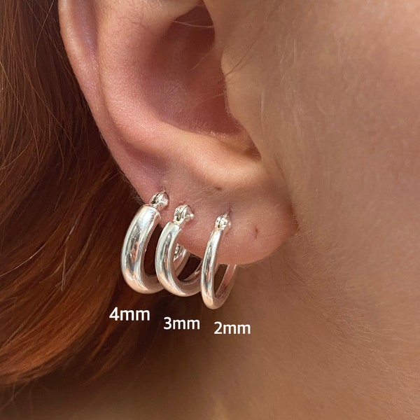 925 Sterling Silver Hinged HOOP Earrings Snap Closure  2, 3 and 4 mm Thickness