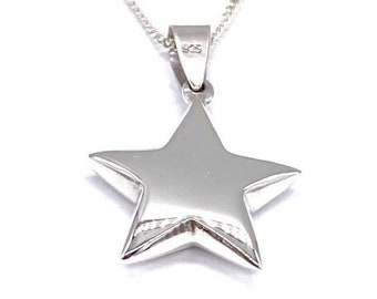 925 Sterling Silver STAR Pendant Charm Small to Big Size on 16", 18" or 20" Silver Curb Chain or Without Chain