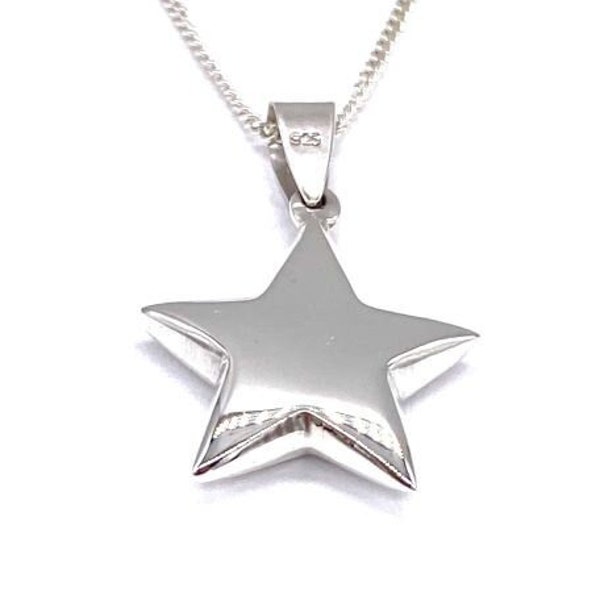 Pendentif étoile en argent sterling 925, petite à grande taille sur une chaîne gourmette en argent de 16 po. 18 po. ou 20 po.