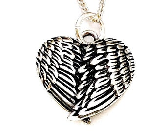Sterling Silver Angel Wings Heart Pendant Necklace: With Silver Curb Chain Options