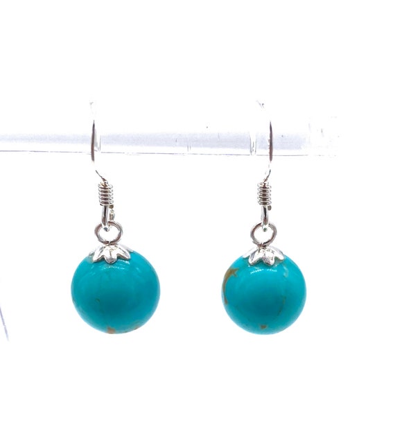 Genuine Green Turquoise Ball Drop Dangle Earrings 925 Sterling Silver