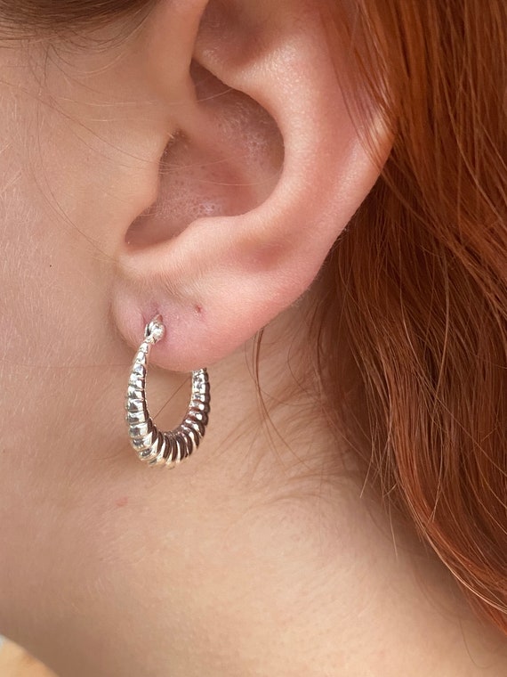 925 Sterling Silver Solid Shrimp Bamboo HOOP Earrings 20 Mm
