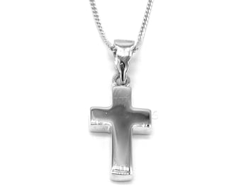 Sterling Silver Small Plain Latin Cross Pendant with Silver Curb Chain Option