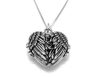 Angel Wings HEART Foto Locket Pendant 925 Sterling Argento su 16", 18" o 20" Sterling Silver Curb Chain