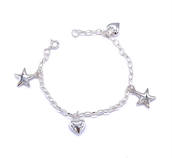 925 STERLING SILVER Heart and Star Charm Bracelet 7.5