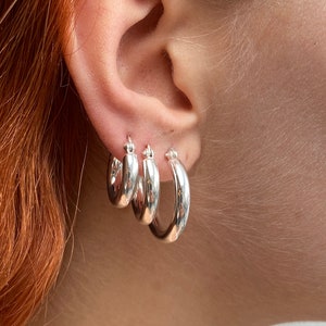 925 Sterling Silver Chunky Hoop Earrings 4 mm Thick, 18, 20, 25, 30 and 35 mm Diameter image 1