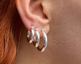 925 Sterling Silver Chunky Hoop Earrings 4 mm Thick, 18, 20, 25, 30 and 35 mm Diameter