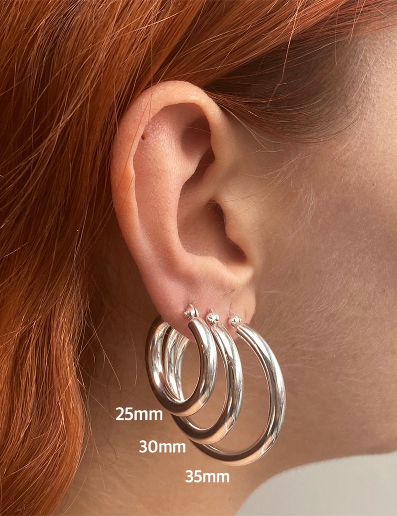 925 Sterling Silver Chunky Hoop Earrings 4 mm Thick, 18, 20, 25, 30 and 35 mm Diameter image 4