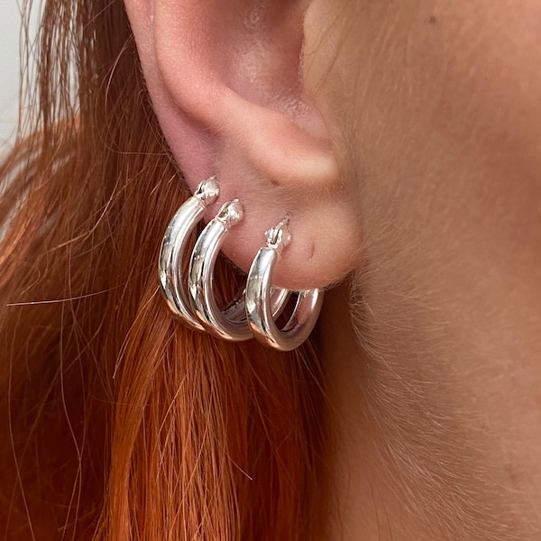 925 Sterling Silver Hinged HOOP Earrings Snap Closure Chunky 3 mm Thick 16, 18, 20, 25, 30 and 35 mm Diameter