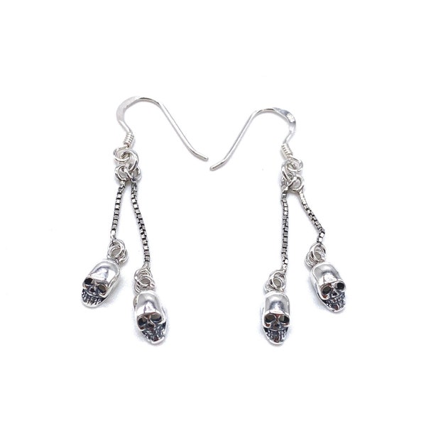 925 Sterling Silver Gothic  Skeleton  Skull Head Drop Dangle Earrings