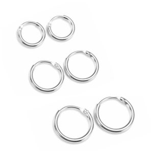 925 Sterling Silver, Small and Thin 3 Pairs of Sleeper HOOP Earrings 14 mm, 12 mm & 10 mm Diameter image 1