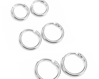 925 Sterling Silver, Small and Thin 3 Pairs of Sleeper HOOP Earrings 14 mm, 12 mm & 10 mm Diameter