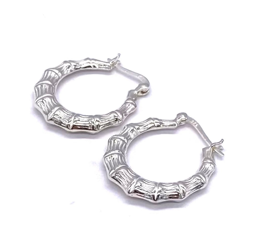 アクセサリー Sterling Silver Bamboo Pierced Earrings Solid 925 Sterling Silver Bamboo Shrimp HOOP Earrings 25 Mm