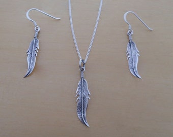 FEATHER Drop Dangle Earrings and Pendant Set 925 Sterling Silver on 16, 18 or 20" Sterling Silver Curb Chain