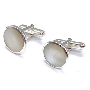 925 Sterling Silver Round Mother of Pearl Stone T Bar Bullet Back Cufflinks