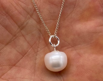 925 Sterling Silver Pearl Ball Pendant Charm with 16, 18 or 20" Silver Curb Chain and Pearl Earrings