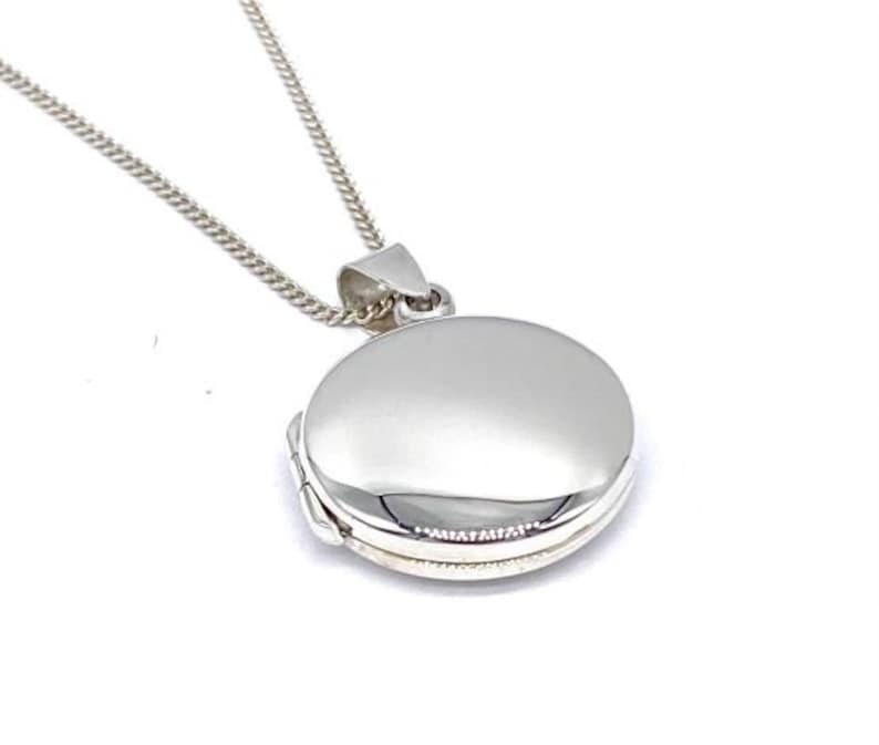 925 Sterling Silver Round Circular Plain Photo Pendant Locket on 16, 18 or 20 Silver Curb Chain image 3